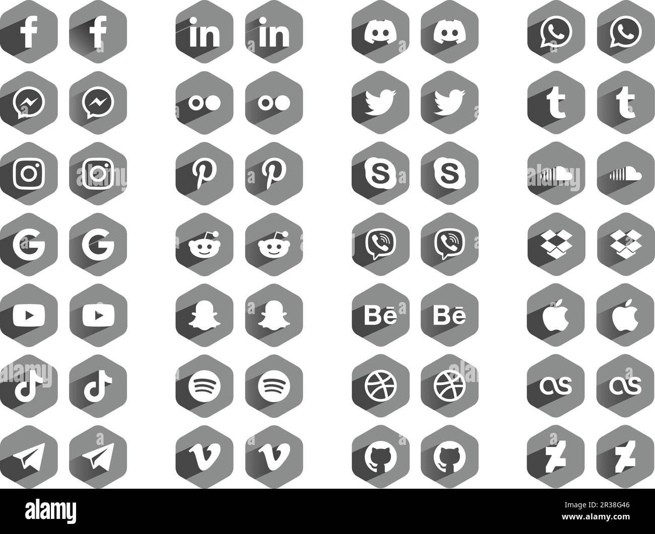 Social-Media-Apps Symbole Sechseckige Graue Logos Stock Vektor