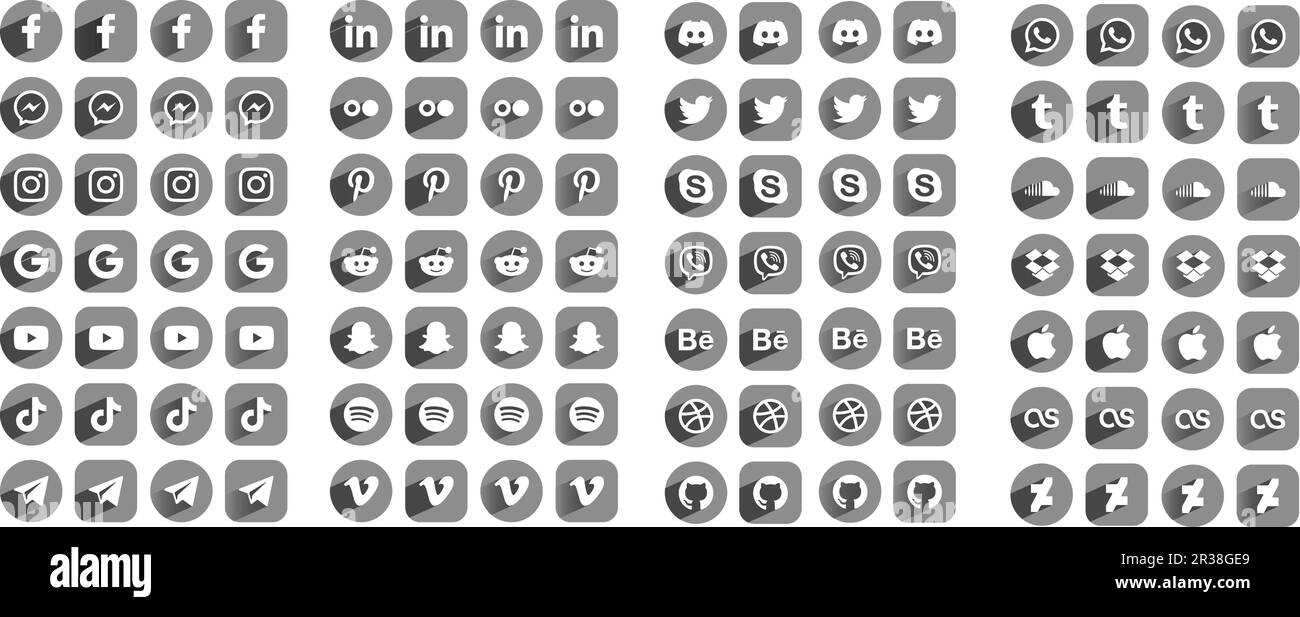 Symbole für soziale Medien und Apps Logos, flach mit Schatten, Kreis, abgerundetes Rechteck Grau Stock Vektor