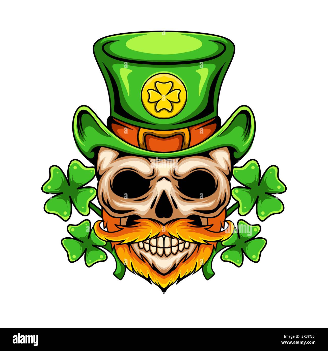 Illustration des Menschenschädel-Maskottchen-Charakters St. Patrick mit Bierbechern Stock Vektor