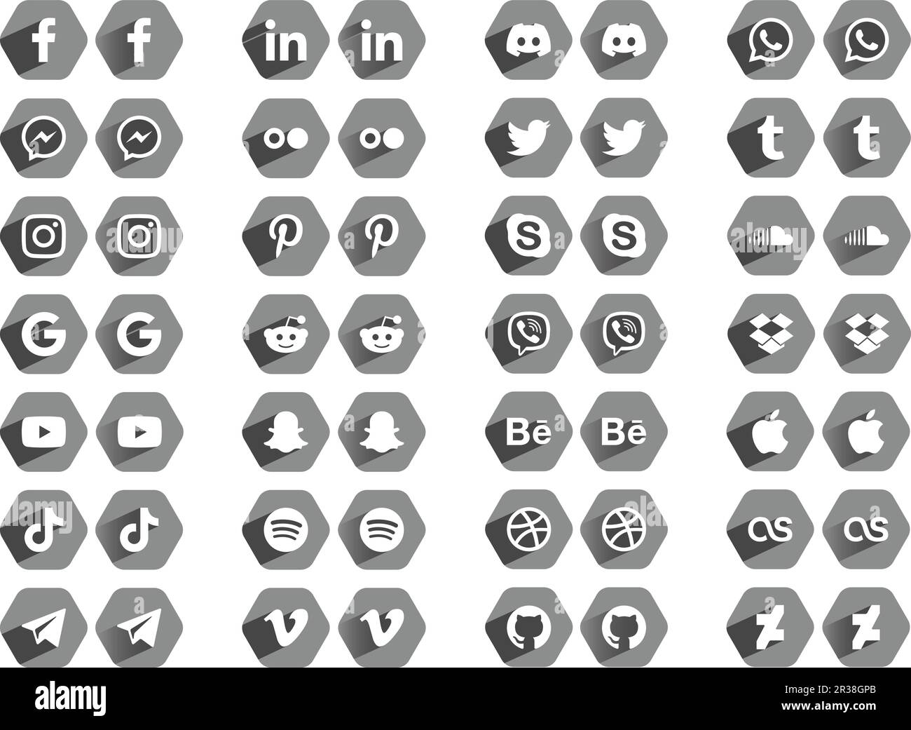 Social-Media-Apps Symbole Sechseckige Graue Logos Stock Vektor