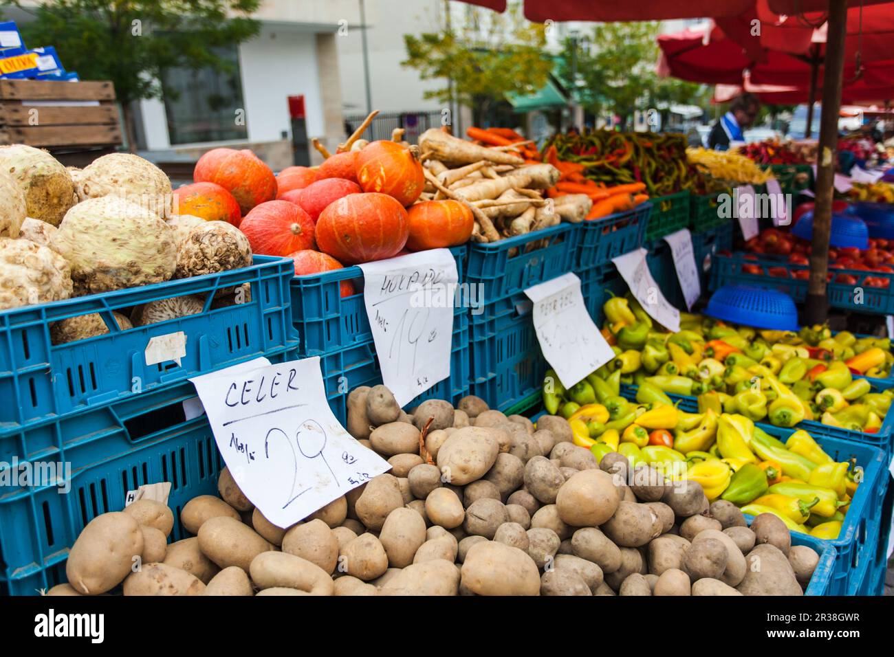 Kunststoffkästen mit Kartoffeln, Paprika und anderes Gemüse auf dem Zähler. Stockfoto