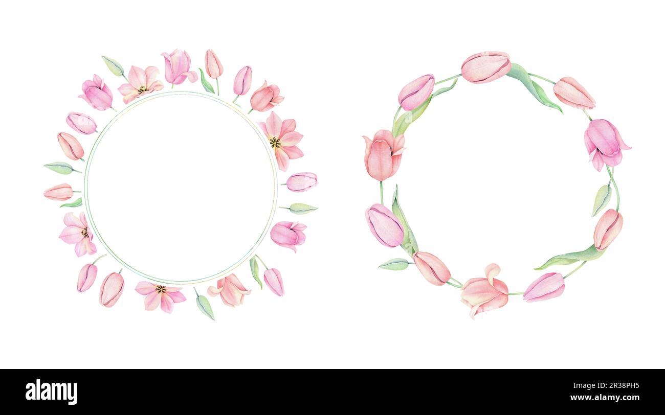 Set aus zwei Rahmen mit pinkfarbenen Tulpenblüten in einem Kreis. Der Text befindet sich in der Mitte. Grußkartenvorlage mit Platz für Text. Frühlingskranz. Handgezeichnet Stockfoto