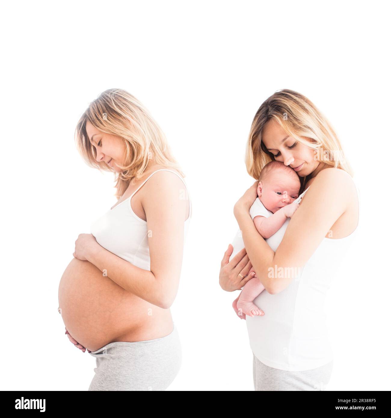 Schwangere Frau und die gleiche Frau mit Baby Stockfoto