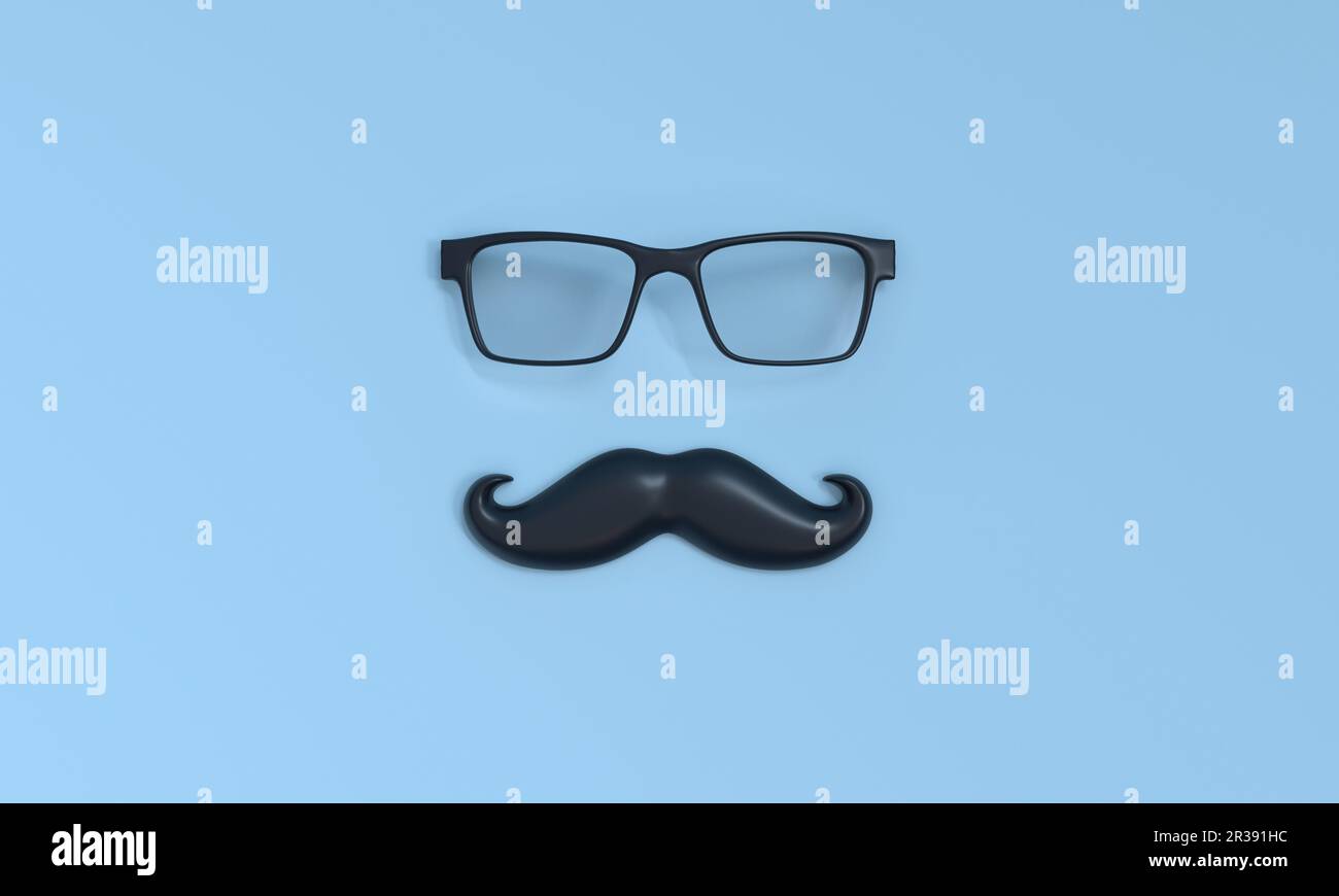 Happy Vaters Day, Schnurrbart und Brille auf blauem Hintergrund. 3D-Rendering Stockfoto