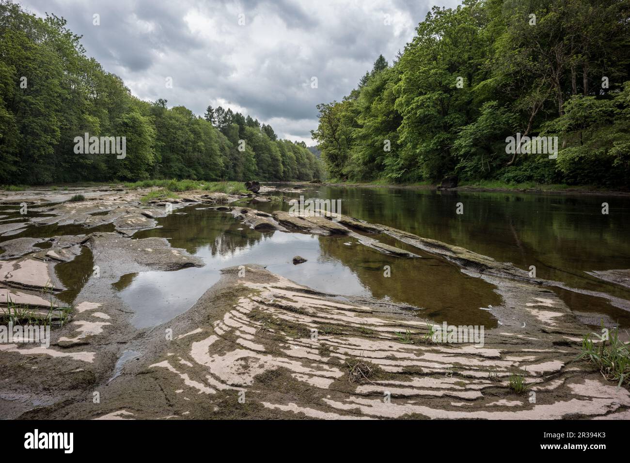 Niedrigwasser im Fluss Eden in Armathwaite, Cumbria Stockfoto