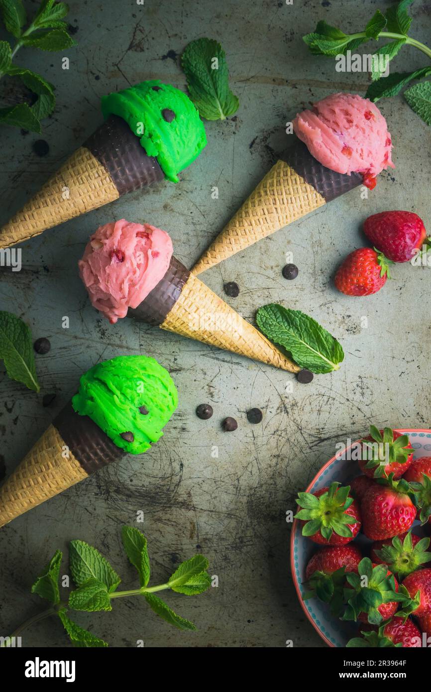 Pfefferminzeis mit Schokoladenstückchen Stockfoto