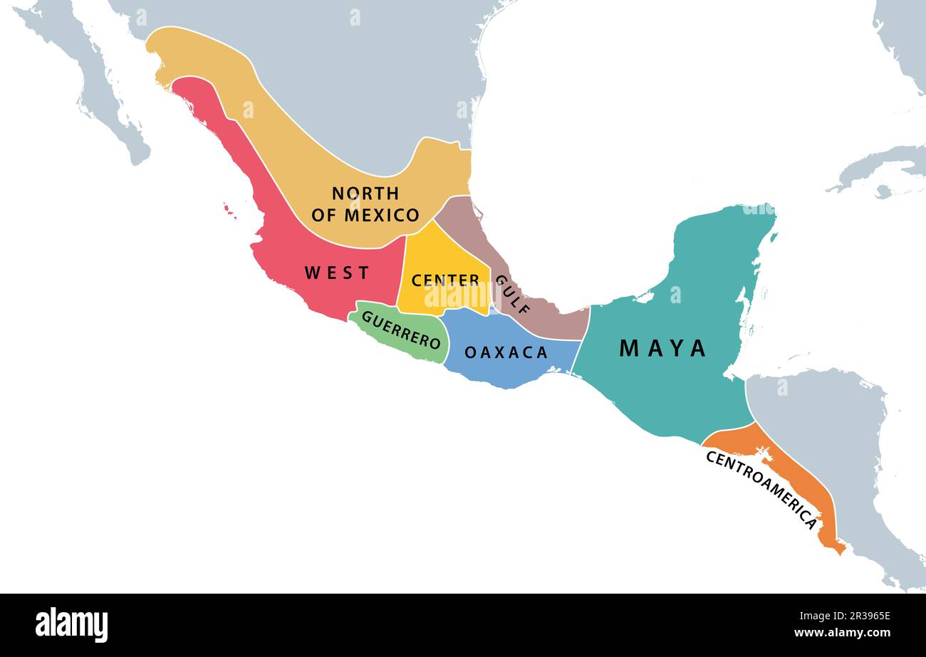 Mesoamerica und seine Kulturgebiete. Historische Region vom südlichen Teil Nordamerikas bis zum Großteil Mittelamerikas. Stockfoto