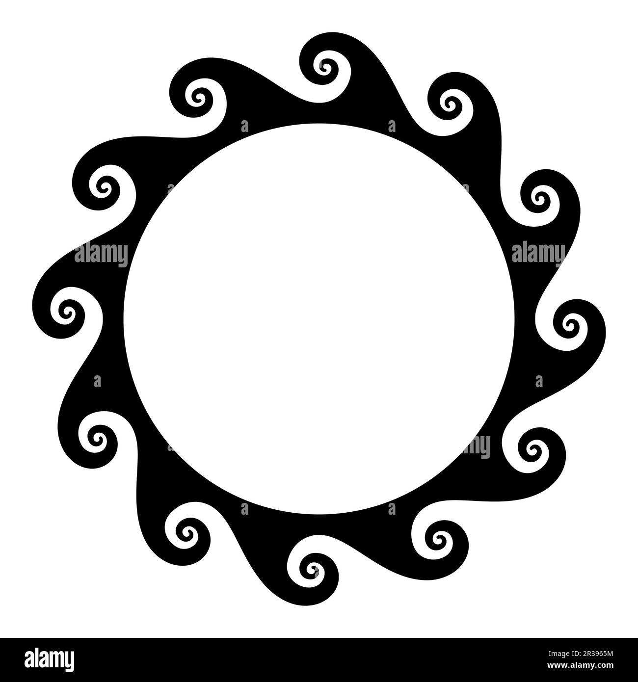 Vitruvianisches Wellenmuster, Kreisrahmen mit nahtlosem Meander-Design, auch bekannt als laufender Hund oder Scrollmuster, ein wiederholtes Motiv mit zwölf Spiralen. Stockfoto
