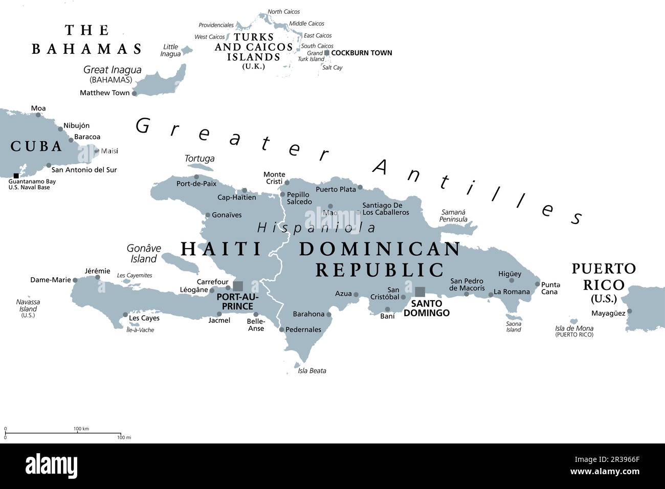 Hispaniola und Umgebung, graue politische Karte. Karibikinsel unterteilt in Haiti und die Dominikanische Republik, Teil der Großen Antillen, neben Kuba. Stockfoto