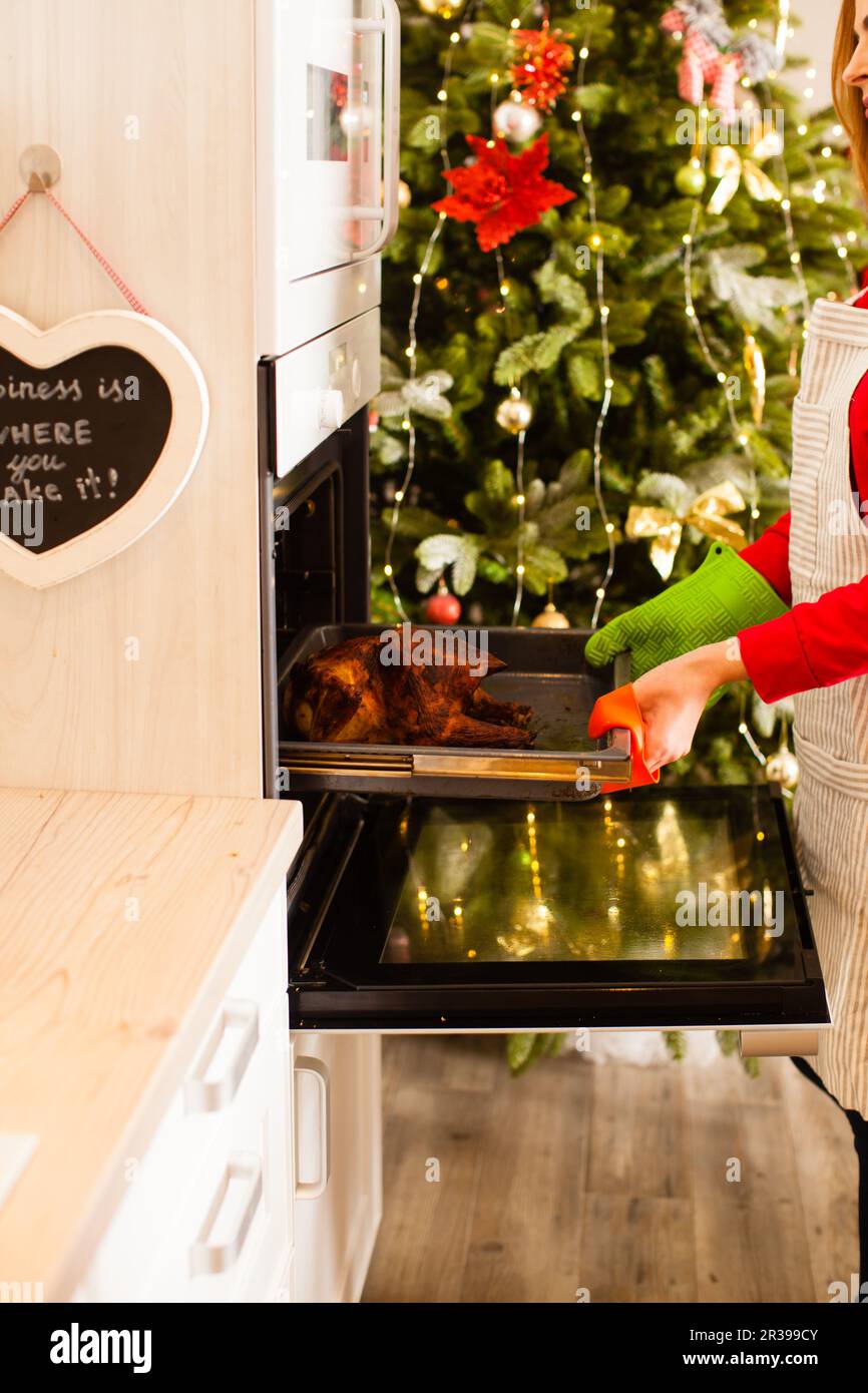 Frau kochen gefüllte Ente in der Küche für Weihnachtsfeier Stockfoto