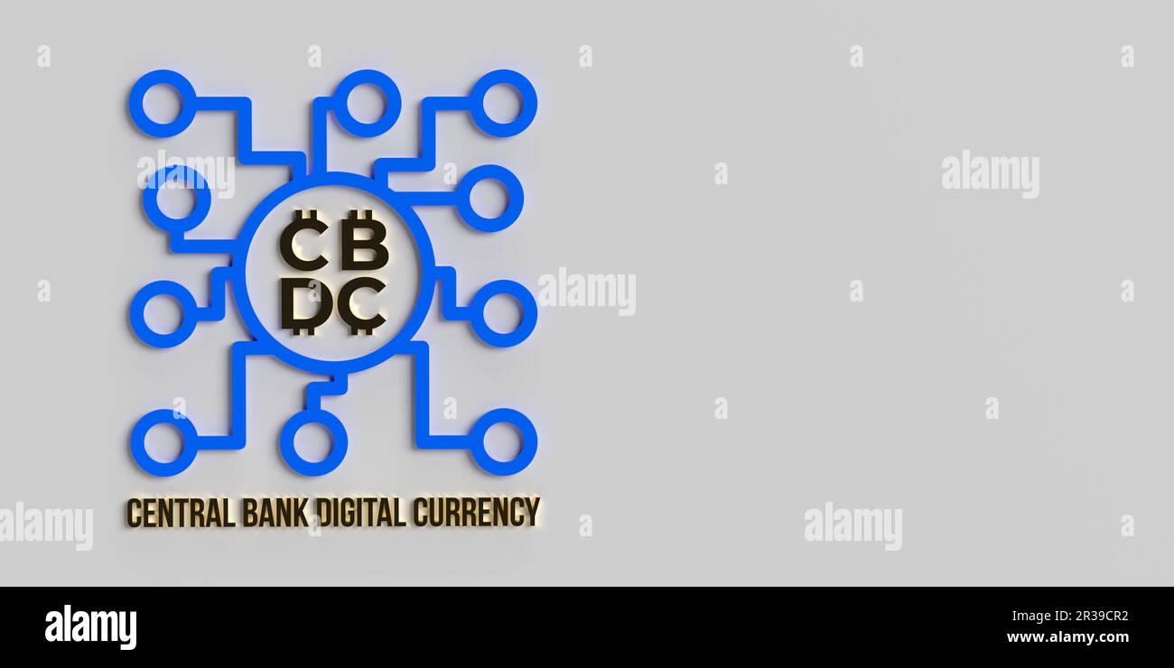 Bannerhintergrund der CBDC Central Bank für digitale Währung, Kopierbereich. Futuristisches fiat Money-Symbol verschiedener Länder. 3D Darstellungsentwurf rendern Stockfoto
