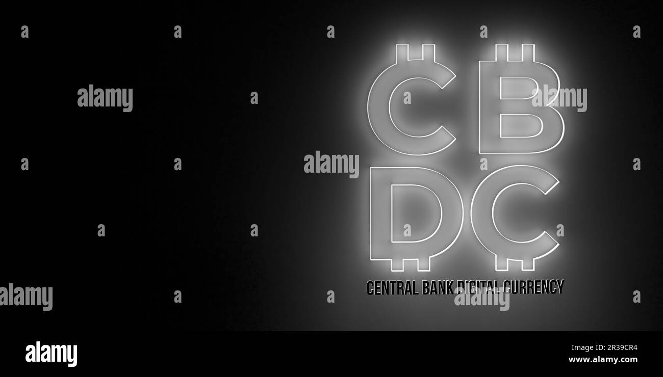 Banner für digitale Währung der CBDC Central Bank auf blauem Hintergrund. Futuristisches fiat Money-Symbol verschiedener Länder. Entwurf von 3D-Darstellungen. Stockfoto
