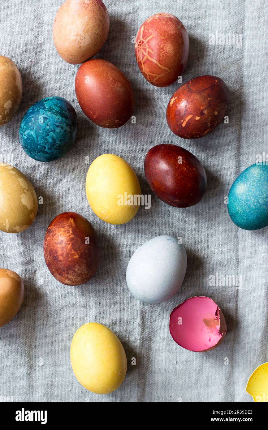 Eier, gefärbt mit natürlichen Farbstoffen: Blau - Rotkohl, gelb - Kurkuma, braun - rote Zwiebel, rot - Rüben, hellgrün - Spinat, hellbraun - Tee Stockfoto