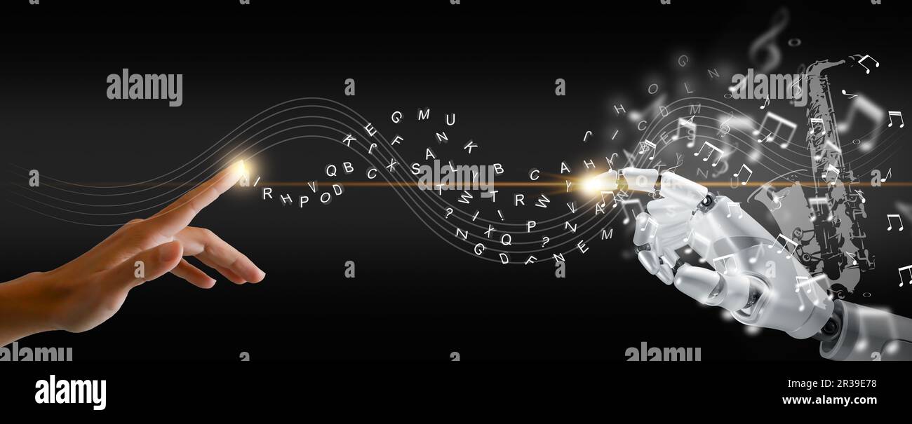 Text-to-Music-Konzept von generativer KI. Sprachtechnologie für Audiomodelle. Die Hand des Menschen verwandelt Text mit Hilfe künstlicher Intelligenz in Musik. Stockfoto