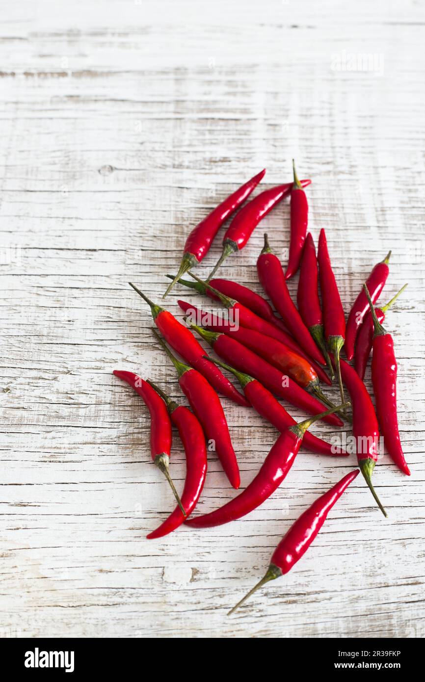 Rote Chilischoten auf weißem Hintergrund Stockfoto