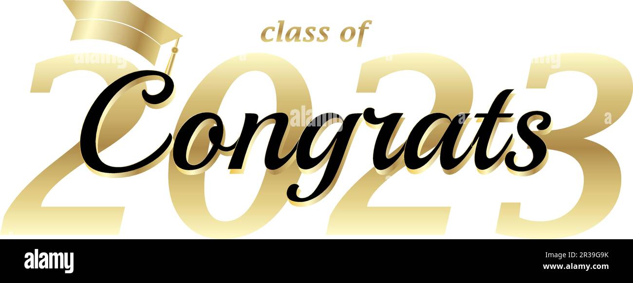 Gratulation Absolventen Klasse 2023, schwarzer Text, Gold, Kappe, isolierter weißer Hintergrund, Banner, Abschlusskarte Stock Vektor