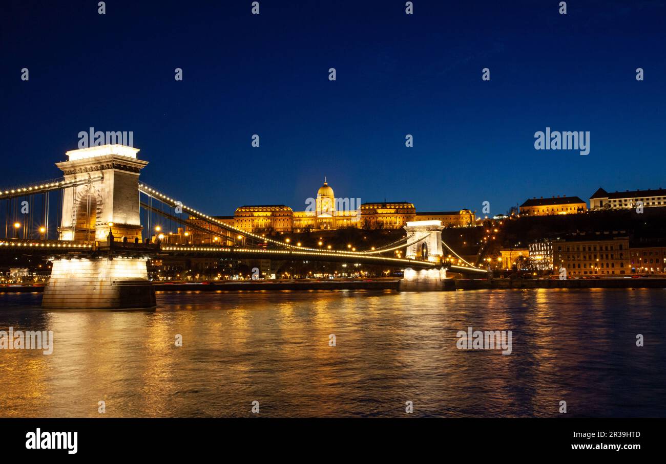 Berühmte Kettenbrücke in Budapest bei Nacht. Ungarische Wahrzeichen Stockfoto