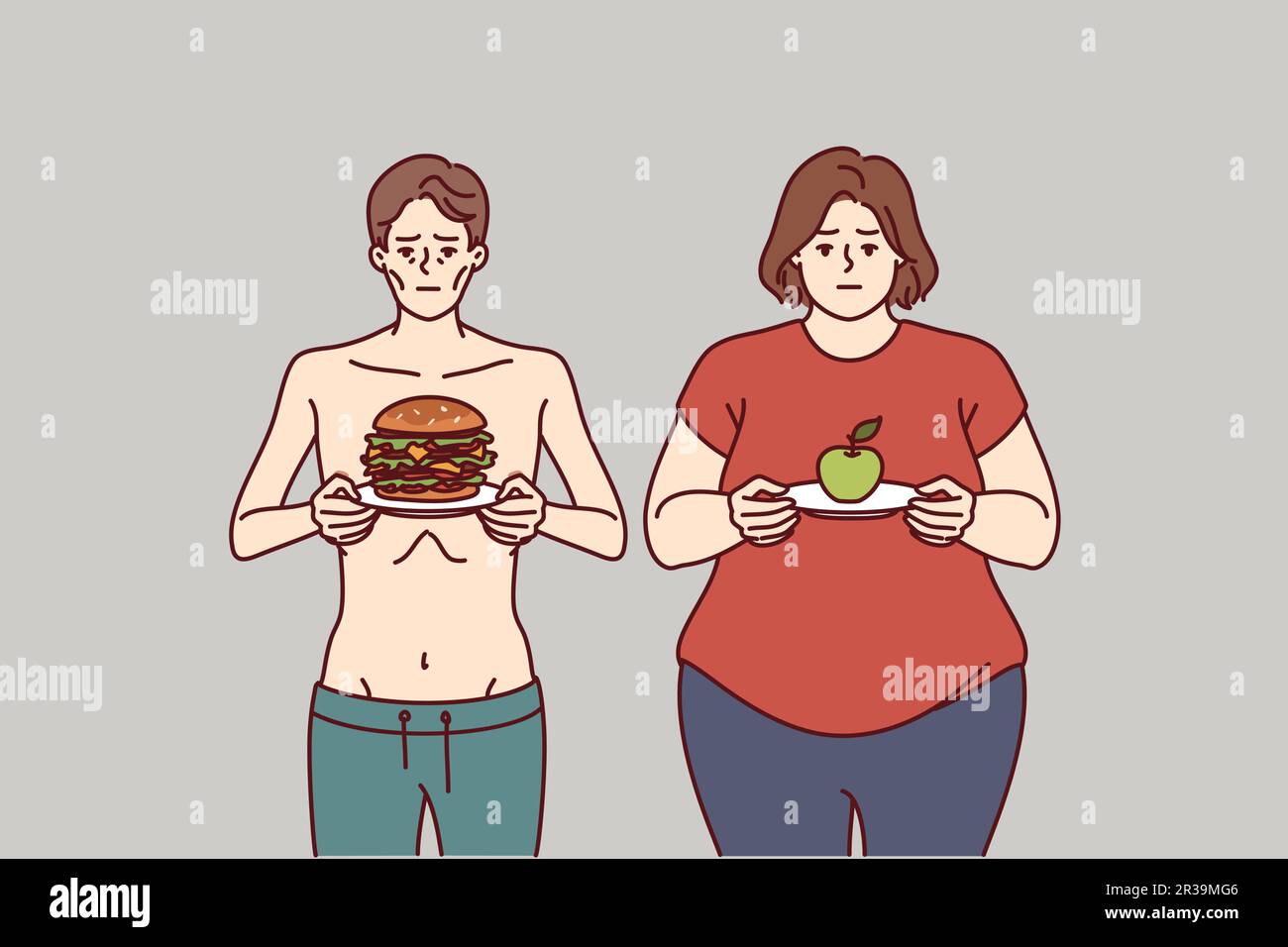 Eine unsachgemäße Ernährung führte zu Anorexie oder Adipositas aufgrund von Stoffwechselproblemen oder nicht den Kalorien- und Kohlenhydratnormen. Dünner Mann und fette Frau brauchen richtige Ernährung und Hilfe von Ernährungsärzten Stock Vektor