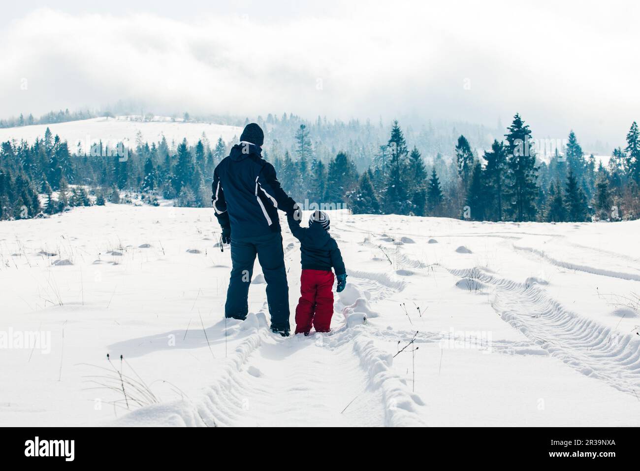 Vater und Sohn genießen einen tollen Blick auf die Winterlandschaft Stockfoto