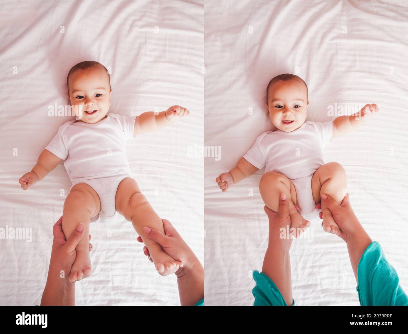 Gymnastik mit Baby, Blick von oben auf das Bett Stockfoto