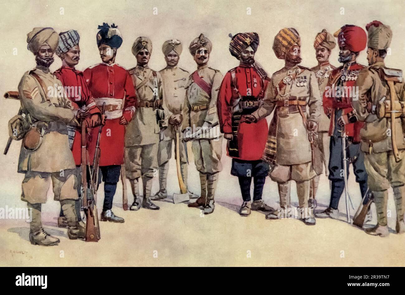 Pionierregimente von unten links nach rechts: 34. Sikh Pioneers, 12. Pioneers, 128. Pioneers, 81. Pioneers (Tamils), 64. Pioneers, 61. King Georges eigene Pioniere, 48. Pioniere, 23. Sikh Pioniere, 106. Hazara Pioniere, 34. Sikh Pioniere, 107. Pioniere Kaimkhani (Musalman Rajput), gemalt von Major Alfred Crowdy Lovett, (1862-1919) aus dem Buch " The Armies of India " von Major George Fletcher MacMunn, (1869-1952) Veröffentlichungsdatum 1911 Herausgeber London, Adam und Charles Black Stockfoto