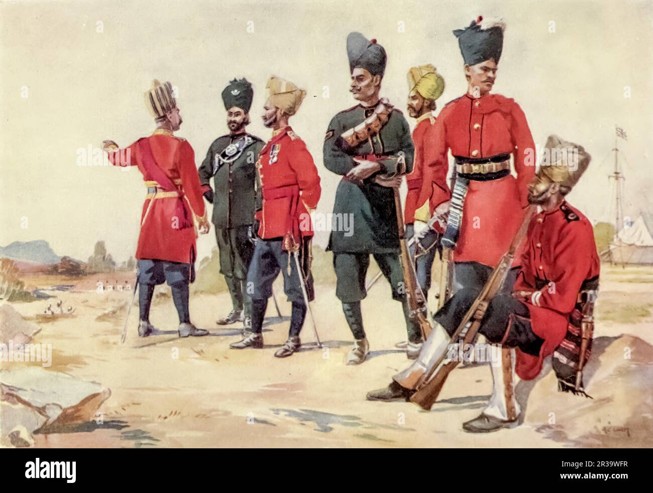Rajputana Infanterie; 104. Wellesleys Gewehre Subadar-Major Gujar von Gujarat; 109. Infanterie Khanazadah Rajputana Musalman; 112. Infanterie Subadar Sayyid Musalman; 113. Infanterie Subadar-Major Gujar von Punjab; 119. Infanterie (das Multan-Regiment) Raputpur; Jaipur Gufanterie von Gujar; 112. 123. Outram's Rifles Lance Naik Ratore Rajput' gemalt von Major Alfred Crowdy Lovett, (1862-1919) aus dem Buch " The Armies of India " von Major George Fletcher MacMunn, (1869-1952) Publication date 1911 Publisher London, Adam and Charles Black Stockfoto