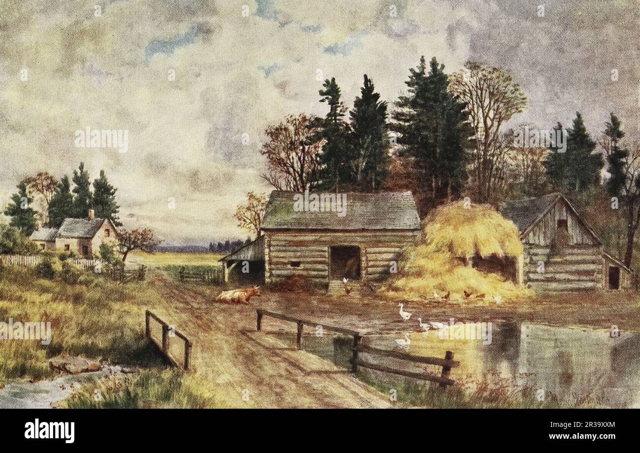Old-Fashioned Farm, New Brunswick Watercolor von Thomas Mower Martin aus dem Buch " Canada " von Wilfred Campbell, veröffentlicht 1907 von Adam und Charles Black in London Stockfoto