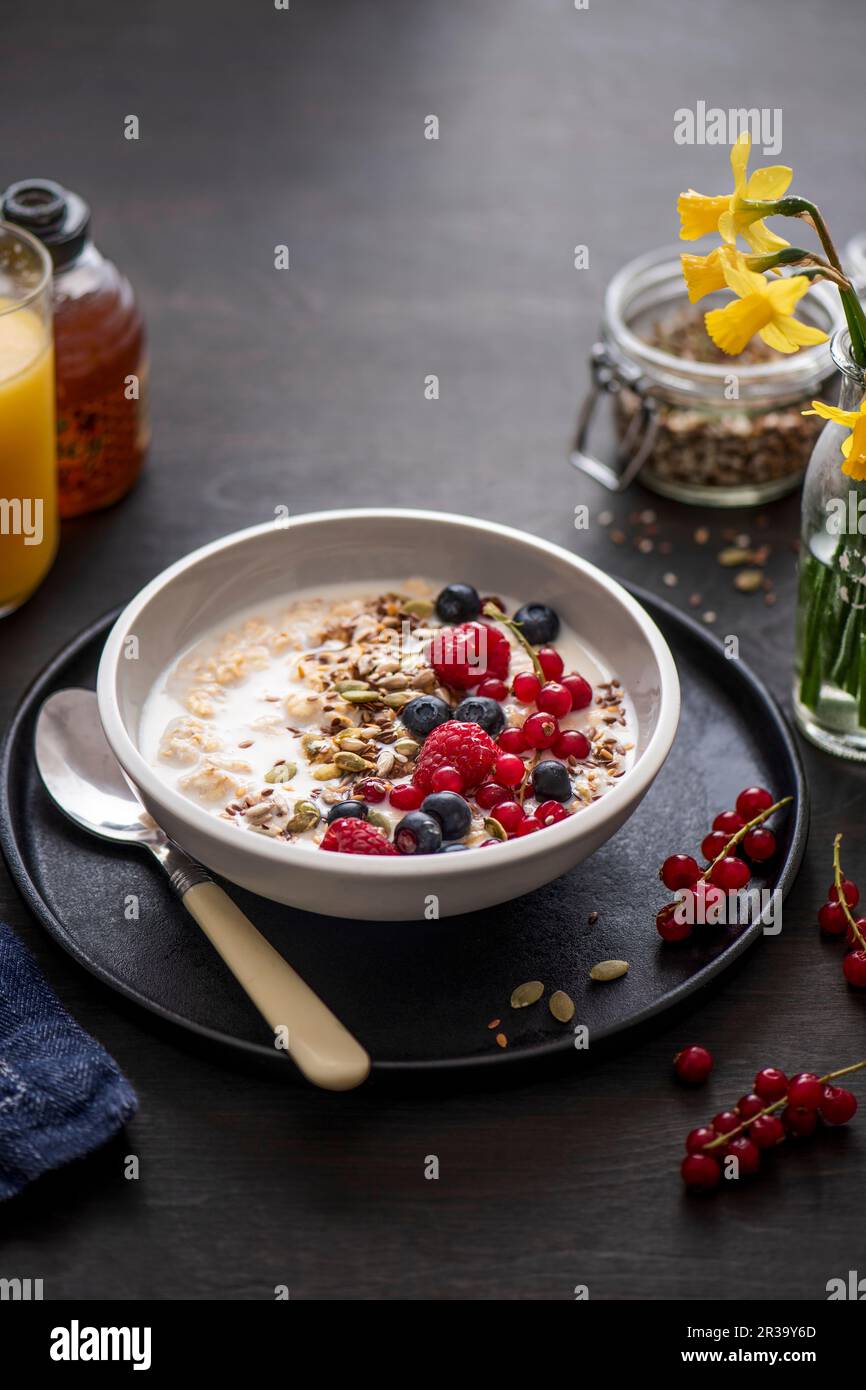 Bircher Müsli (über Nacht in Milch getränkter Hafer) mit Honig und frischem Obst Stockfoto