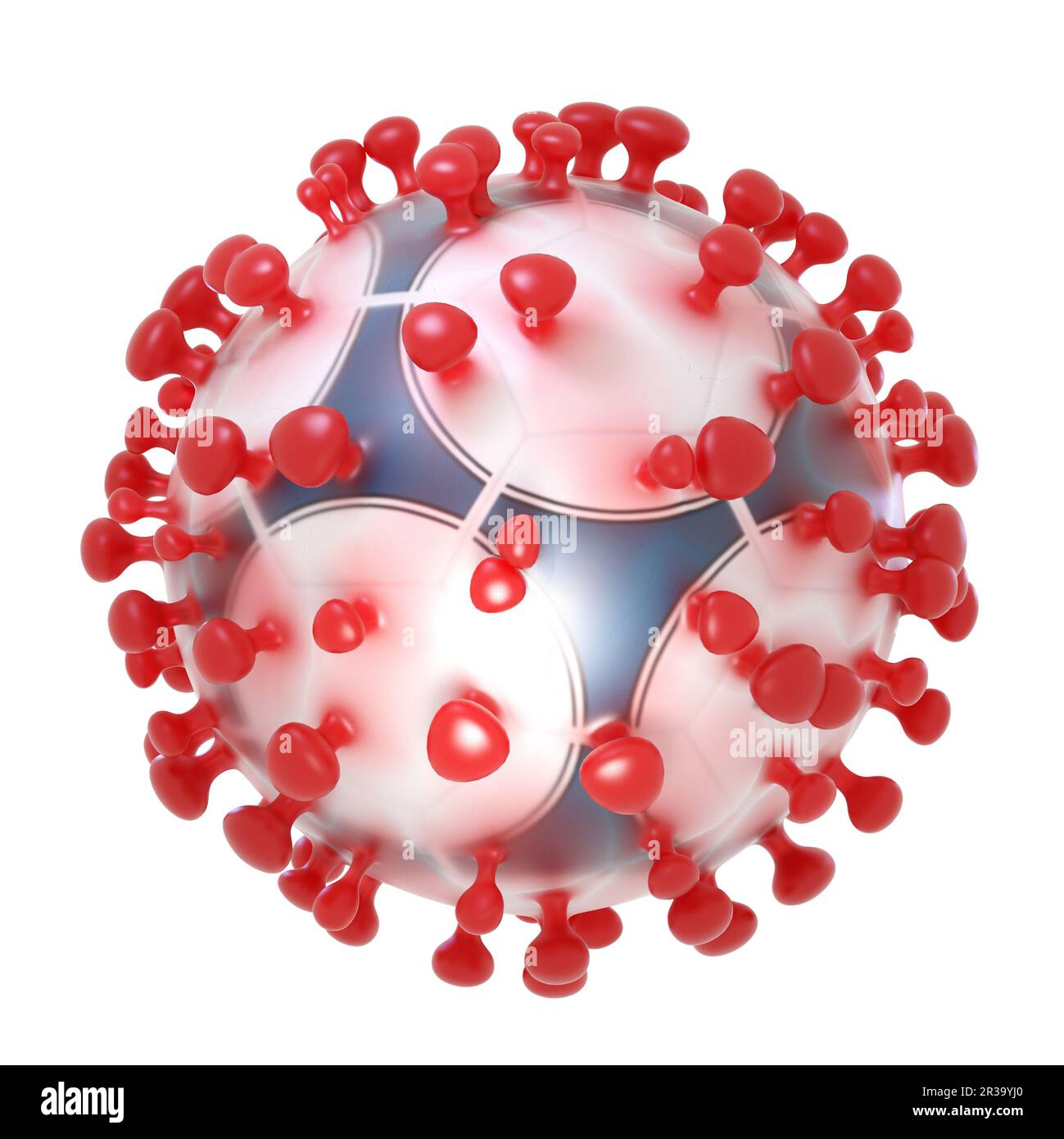 Symbolische 3D-Darstellung des Coronavirus sars-cov-2 und eines Fußballballs Stockfoto