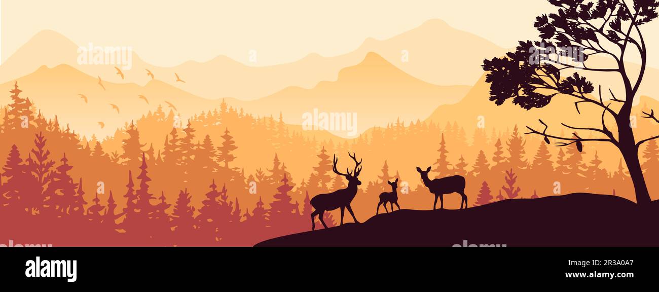 Horizontales Banner. Silhouette von Hirschen, Rehen, Feen, die auf Hügeln stehen, Wald und Berge im Hintergrund. Magische neblige Landschaft, Nebel. Illustration. Buh Stock Vektor