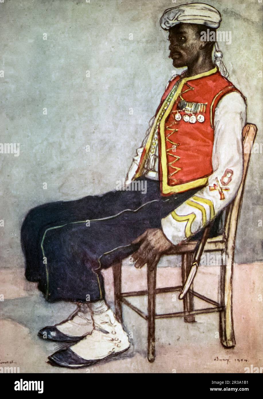 Ein Soldat des Westindischen Regiments, gemalt von Archibald Stevenson (A. S.) Forrest, aus dem illustrierten Buch " Jamaika " von John Henderson, veröffentlicht in London von Adam. Und Charles Black 1906 Stockfoto