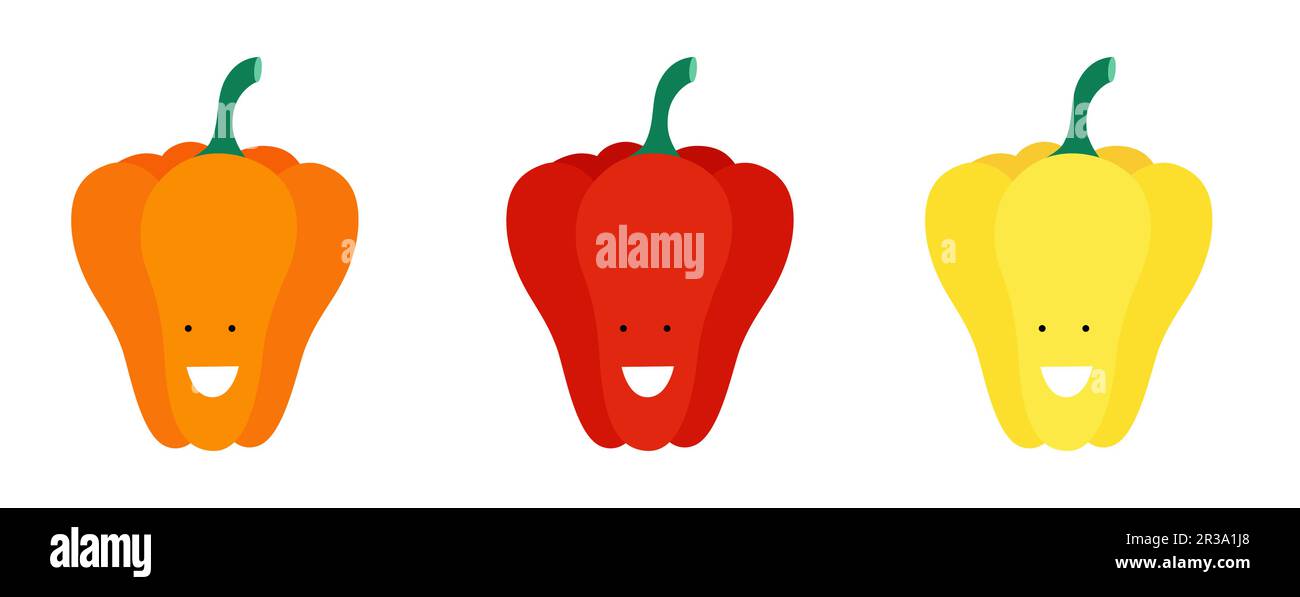 Pfeffer. Süße, lustige Cartoon-Gemüse-Figuren. Emotionen. Das Essen schmeckt gut. Vektordarstellung für Kinder. Stock Vektor