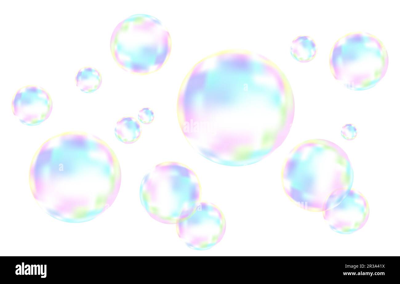 Set von realistischen transparenten bunten Seifenblasen mit Regenbogenreflektion isoliert auf kariertem Hintergrund. Vektorstruktur. Stock Vektor