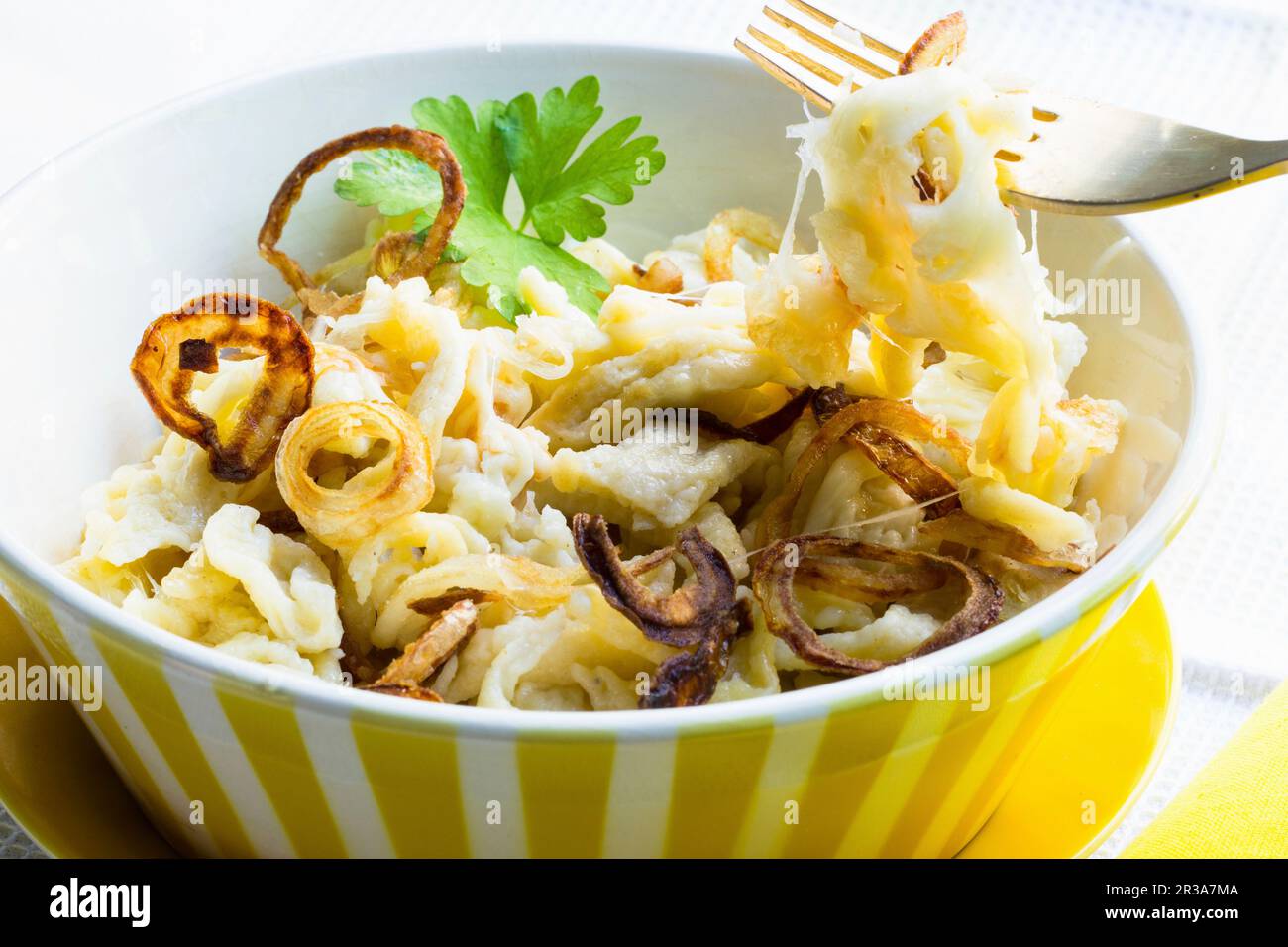 Käse-Spätzle (hausgemachte Nudeln) mit Röstzwiebeln Stockfoto