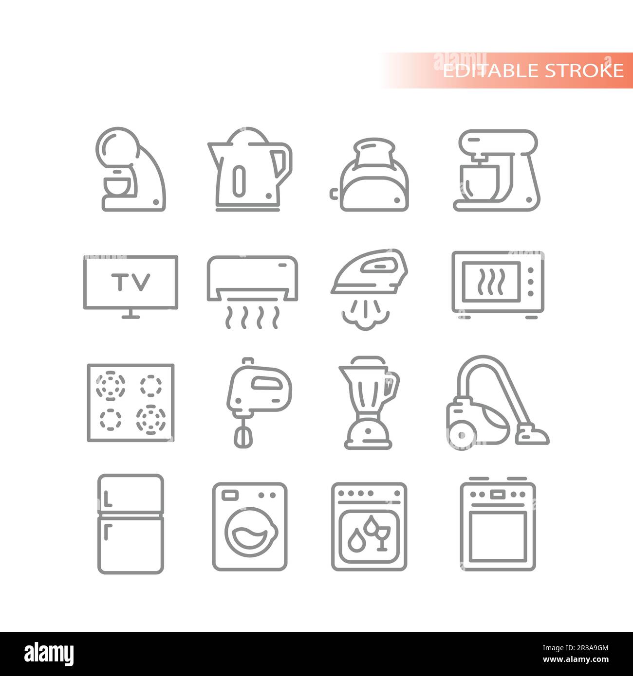 Symbolgruppe für Linienvektoren von Haushaltsgeräten. Haushaltsgeräte, Backofen, Herdbilder. Stock Vektor