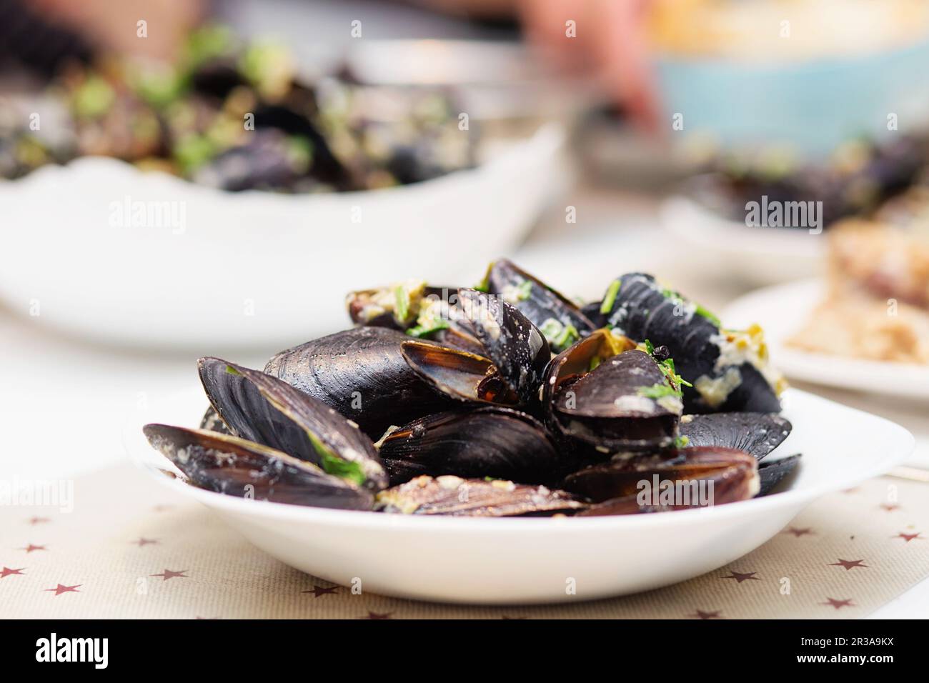 Gedünstete Muscheln in Käsesauce. Muscheln in Schalen in der Schüssel mit Weißwein auf dem Tisch. Stockfoto