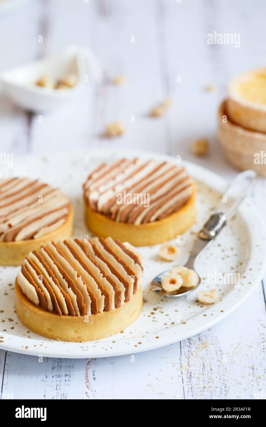 Köstliche Mini-Törtchen mit Nüssen und Vanille. Auswahl an köstlichen und farbenfrohen Desserts, gesalzenes Auto Stockfoto