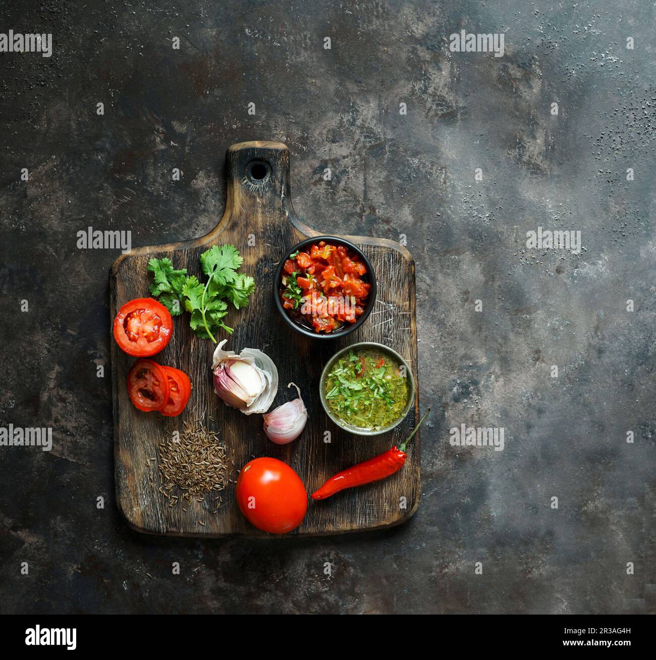 Kolumbianischer Aji picante und Hogao Salsa Stockfoto