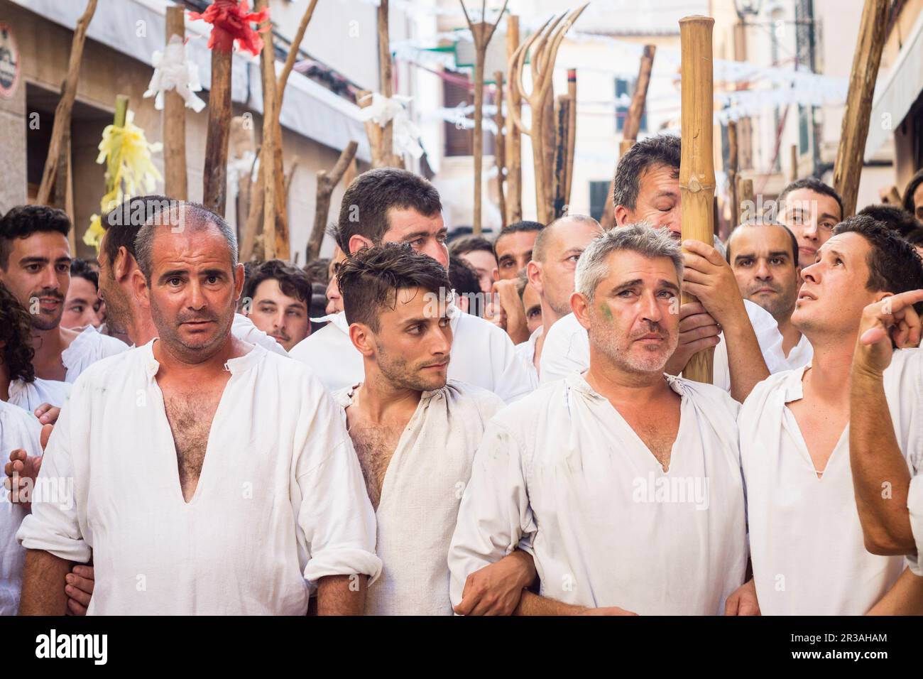 Concentracion de las tropas cristianas, batalla entre Moros y Cristianos, Fiestas de la patrona, Pollença, Mallorca, Balearen, Spanien, Europa. Stockfoto