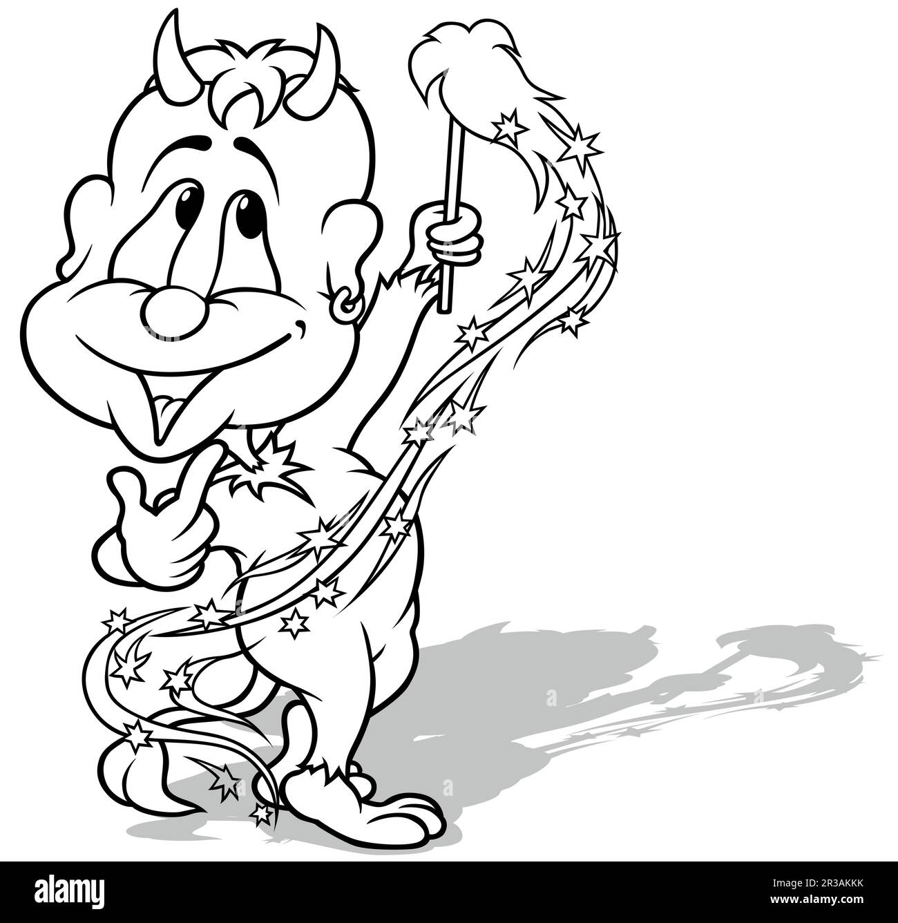 Zeichnung eines Teufels mit einem brennenden Sparkler in der Hand Stock Vektor