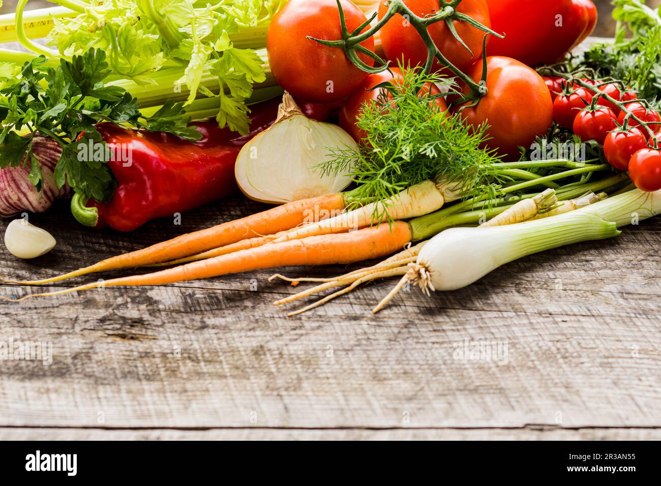 Nahaufnahme Gemüse gerade gepflückt. Konzept des ökologischen Landbaus Stockfoto