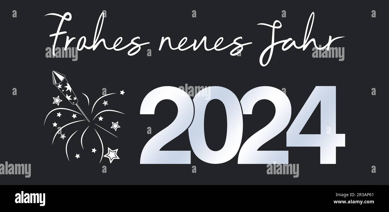 Frohes neues Jahr 2024, Vektor der Grußworte in deutscher Sprache. Abstraktes Feuerwerk. Isolierter Hintergrund. Frohes Neues Jahr ist ein frohes neues Jahr auf Englisch. Stock Vektor