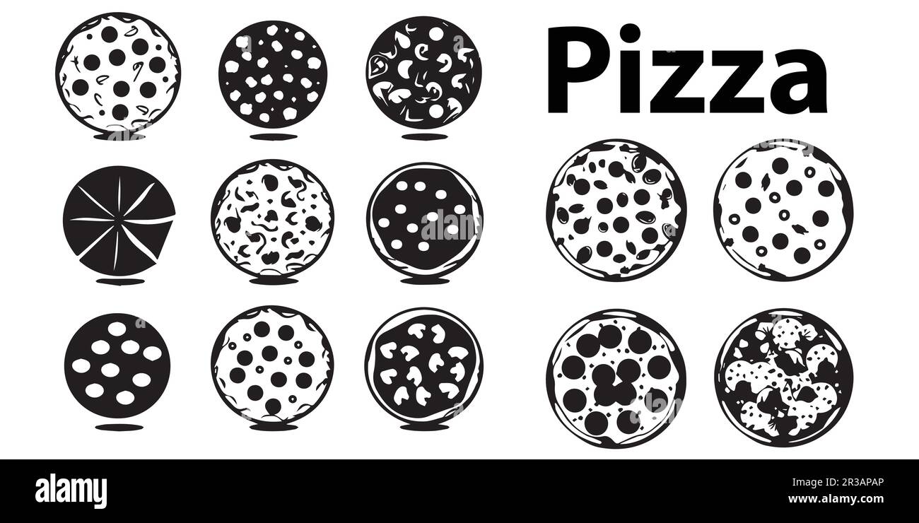 Ein Silhouettenbild verschiedener Pizzavektoren. Stock Vektor