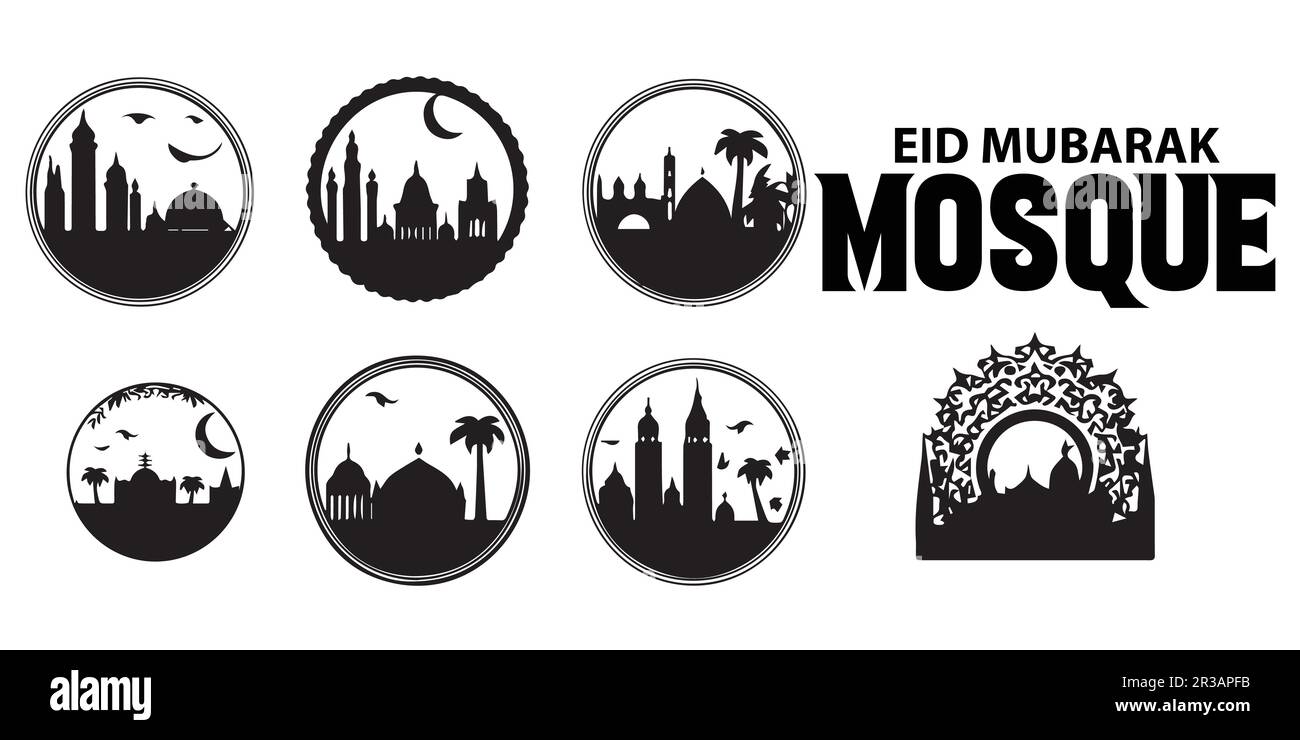 Schwarz-weiße Illustrationen islamischer Architektur und eine Eid-Mubarak-Moschee. Stock Vektor