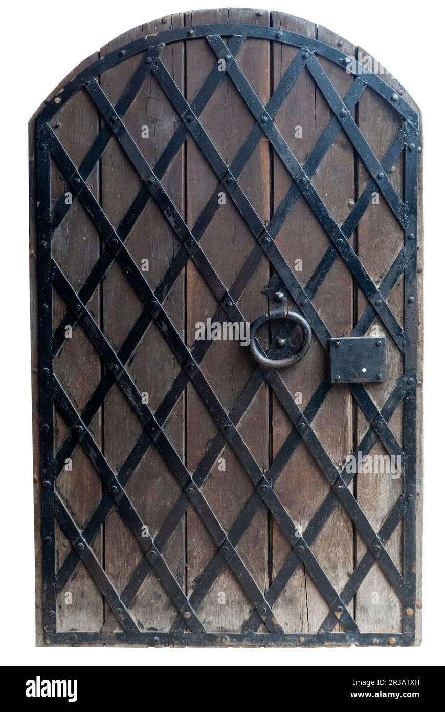 Die Alte Tür. Vorderansicht der Tür. Tür mit riesigen Nägeln und interessanten Basreliefs Schnitzereien an einer Fassade des Schlosses Stockfoto