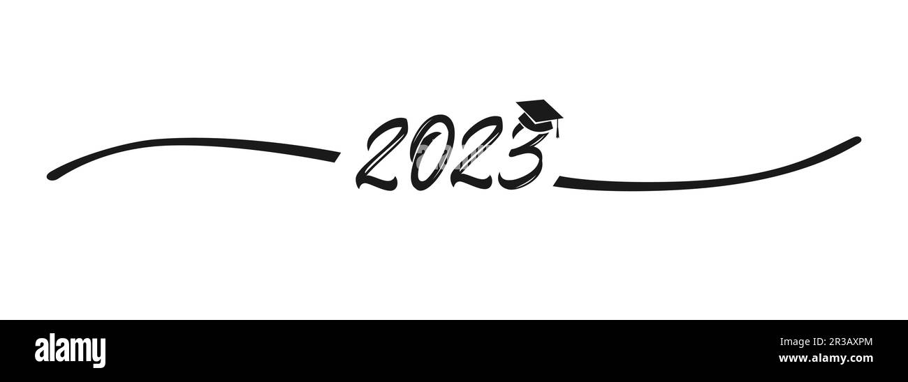 Handgeschriebener kreativer Trenner mit Nummer 2023 und pädagogischer Mütze. Diplom-Designelement. Zertifikatsrahmen. Klasse 2023 Glückwunsch. Abschluss Stock Vektor