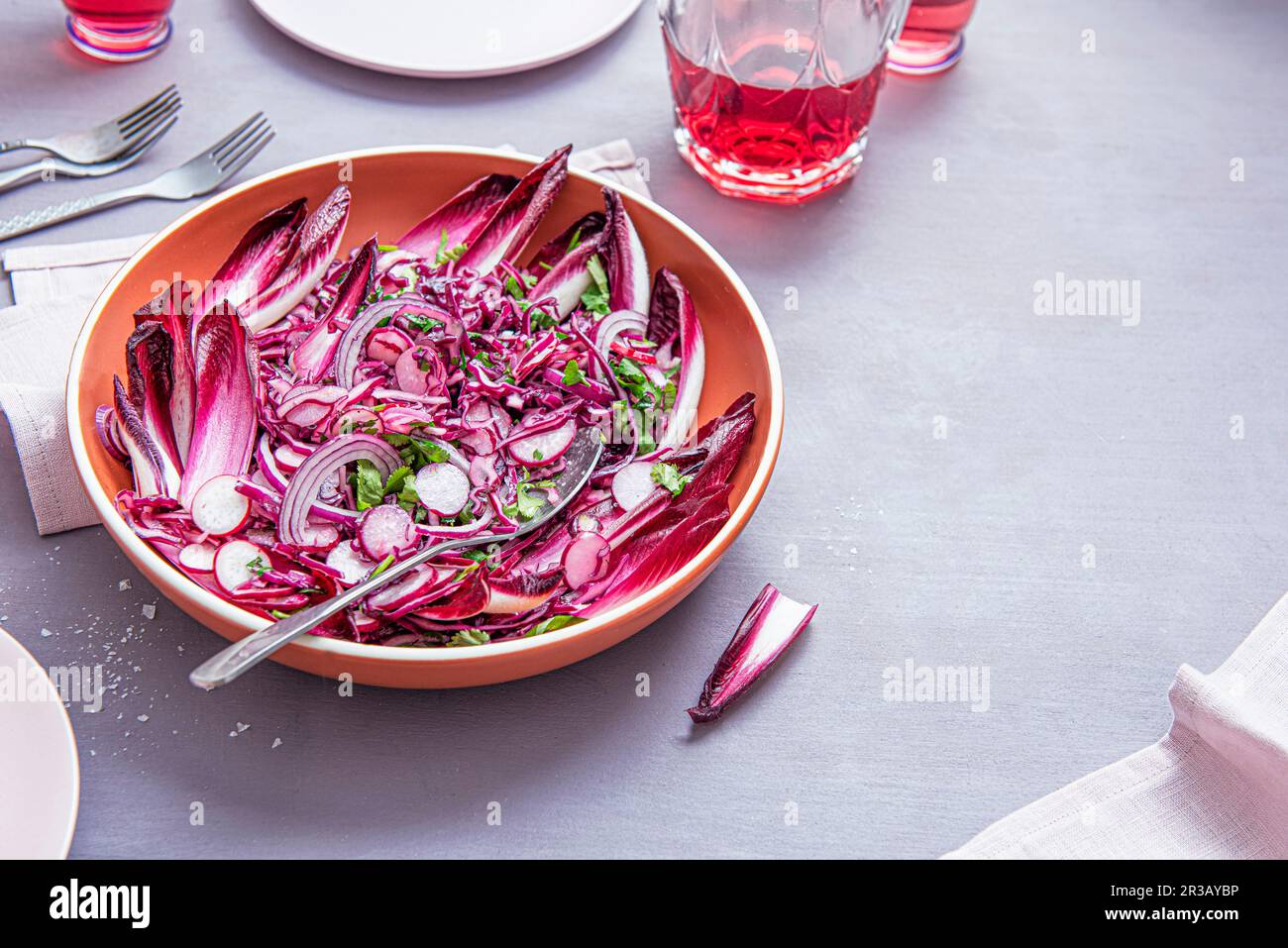Violetter Salat mit Rotkohl, Radieschen, Rettich, roten Zwiebeln mit Senf-Dressing und Petersilie (vegan, vegeterisch) Stockfoto