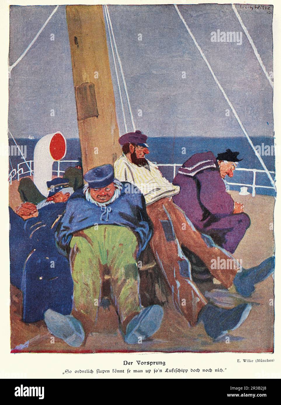 Alte Illustration, Gruppe alter Matrosen, die auf einem Schiff schlafen, der vorsprung, 1910er, Jugendstil, Erich Wilke Stockfoto