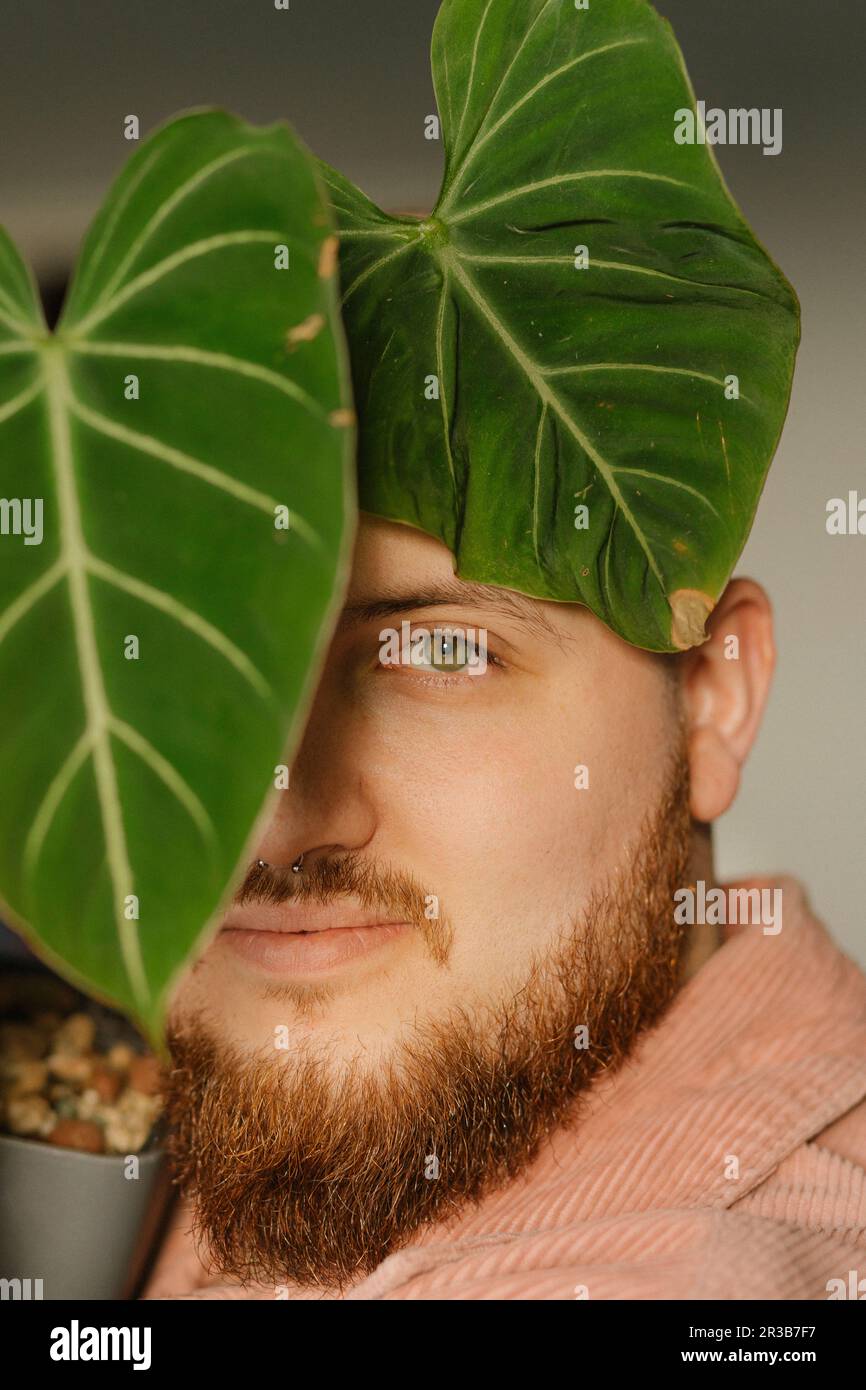 Junger Mann mit Bart um Pflanzenblatt Stockfoto
