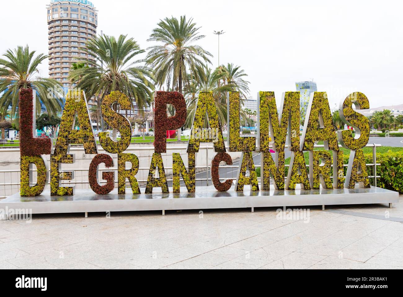 Schild Las Palmas de Gran Canaria mit lebendem Laub. Las Palmas, Gran Canaria, Spanien Stockfoto